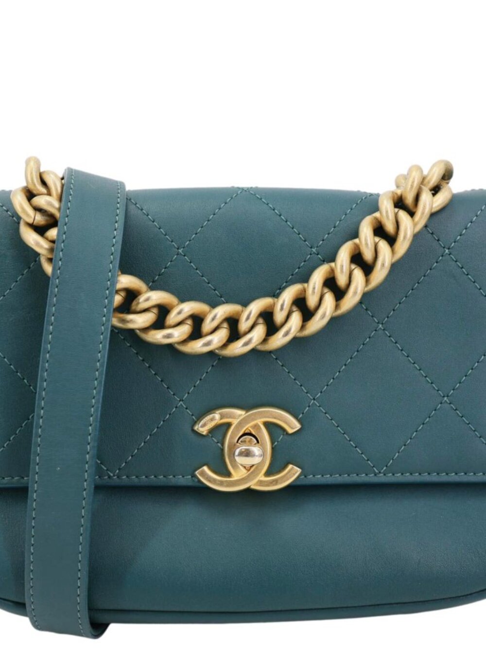 Chanel CC Stitched Flap Calfskin Leather Crossbody Bag Green - Picture 1 of 12